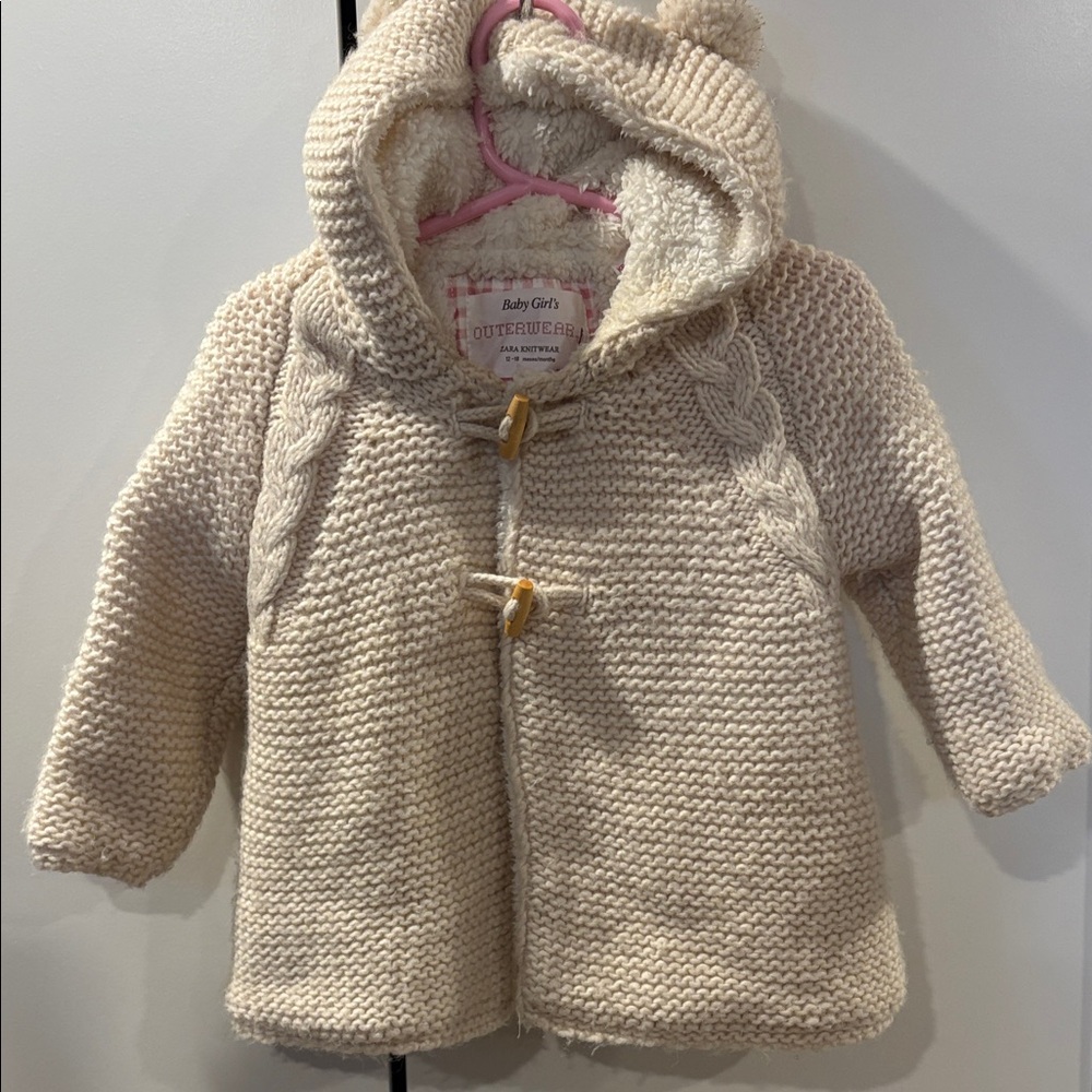 Zara Cream Knit Hooded Toggle Coat with Sherpa Lining